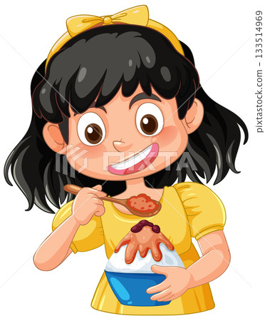 Smiling Girl Eating Shaved Ice Dessert with Spoon 133514969