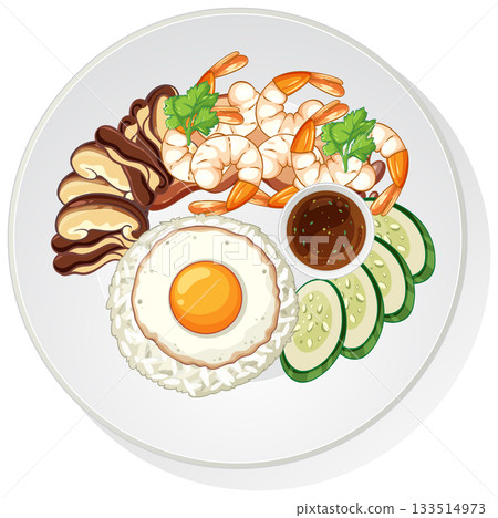 Shrimp Rice Plate with Fried Egg and Vegetables Shrimp Rice Plate with Fried Egg and Vegetables 133514973