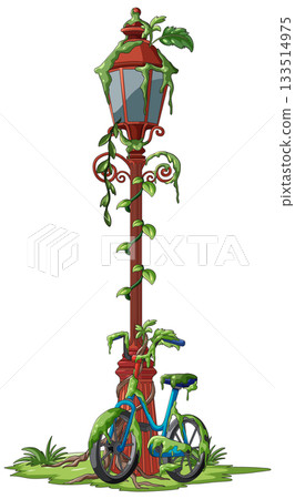 Overgrown Lamp Post and Bicycle in Abandoned Urban Setting 133514975
