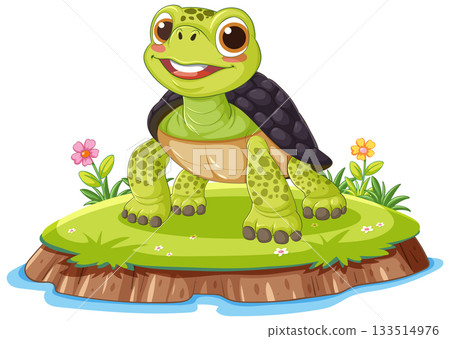 Smiling Cartoon Turtle Standing on Grassy Island Smiling Cartoon Turtle Standing on Grassy Island 133514976