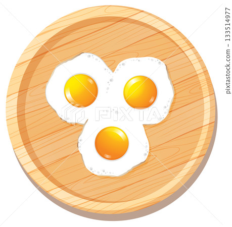 Three Fried Eggs on Wooden Cutting Board Three Fried Eggs on Wooden Cutting Board 133514977