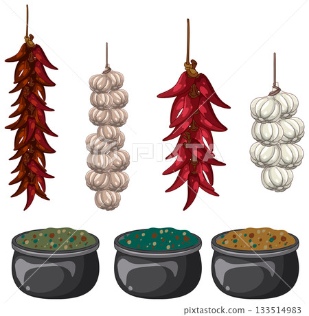 Hanging Chili Peppers and Garlic with Spice Bowls Illustration 133514983