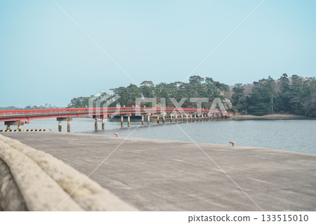 Fukuura jima bridge or the bridge of romantic encounters for Fukuura Island at Matsushima Bay in Matsushima, Miyagi Prefecture, Tohoku, Japan. Landmark and famous Vacation 133515010