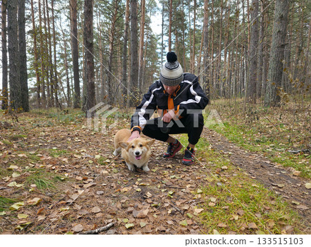 Man Playing with Corgi Dog in Autumn Forest 133515103