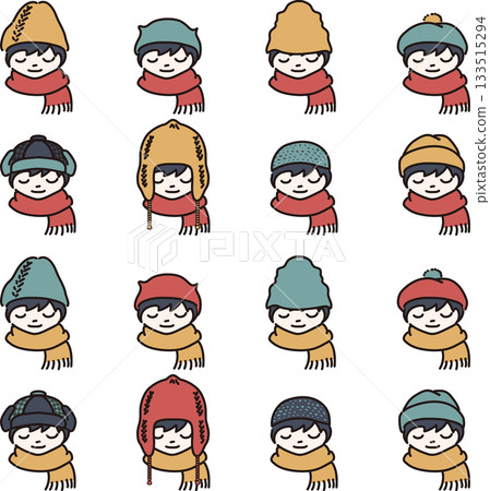 Set of illustrations of people wearing winter hats in warm colors Set of illustrations of people wearing winter hats in warm colors 133515294