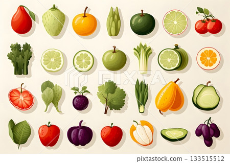 扁平化設計的水果蔬菜圖示集,色彩繽紛的食物插畫集合 扁平化設計的水果蔬菜圖示集,色彩繽紛的食物插畫集合 133515512