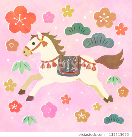 Illustration of a horse, the Chinese zodiac sign, surrounded by plum and pine trees on a pink background 133515633