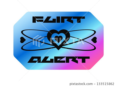 Flirt alert hologram retro Y2K sticker or symbol. Reflective foil vintage sticker, gradient chrome holographic Y2K vector tag. Glossy iridescent label with love heart and graphic typography 133515862