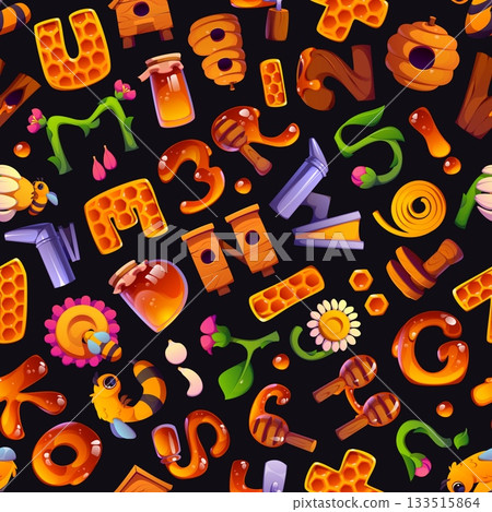 Cartoon honey bee font letters seamless pattern background. Vector playful tile, beekeeping wallpaper with funny letters, special symbols and numbers with honeycombs, jars, flowers, bees, and hives Cartoon honey bee font letters seamless pattern background. Vector playful tile, beekeeping wallpaper with funny letters, special symbols and numbers with honeycombs, jars, flowers, bees, and hives 133515864
