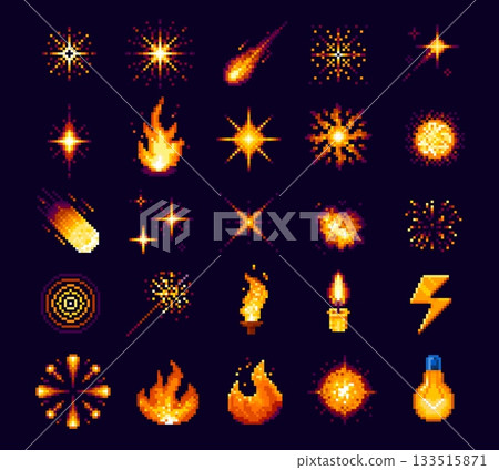 8 bit pixel art fire blast and flames of bomb explosion effect with smoke boom clouds, cartoon vector. 8bit pixel TNT bomb explodes, fire shot blasts and lightning, firework sparkles and candle light 8 bit pixel art fire blast and flames of bomb explosion effect with smoke boom clouds, cartoon vector. 8bit pixel TNT bomb explodes, fire shot blasts and lightning, firework sparkles and candle light 133515871