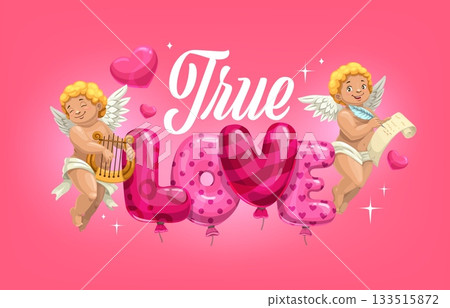 Valentines day greeting card with true love quote and cherub cupids. Romantic holiday vector flyer, Saint Valentine day poster. Love party greeting card with cupid playing on harp, writing letter Valentines day greeting card with true love quote and cherub cupids. Romantic holiday vector flyer, Saint Valentine day poster. Love party greeting card with cupid playing on harp, writing letter 133515872