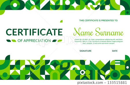 Environment business certificate template, ecology geometric Bauhaus pattern. Ecology protection Bauhaus geometric shapes vector official letter, nature saving certificate. Planet Earth save diploma 133515881
