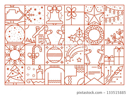 Christmas line geometric pattern with festive winter icons in a red linear grid. Line art ornaments, snowflakes, bells, wreath, holly, baubles, gifts and seasonal symbols vector holiday background 133515885