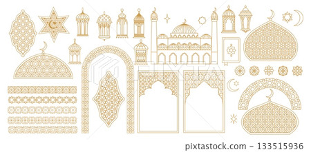 Ramadan ornament elements and arab islam arabesque, oriental muslim art patterns set. Vector arabian gold line geometric ornament frame borders, ramadan lanterns and mosque arches ornament elements Ramadan ornament elements and arab islam arabesque, oriental muslim art patterns set. Vector arabian gold line geometric ornament frame borders, ramadan lanterns and mosque arches ornament elements 133515936