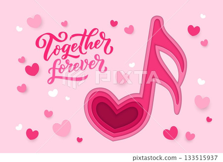 Paper cut Happy Valentine Day greeting card with love music melody and notes. Valentine Day love card of vector 3d paper cut heart music note at pink hearts background. Love holiday greeting banner 133515937