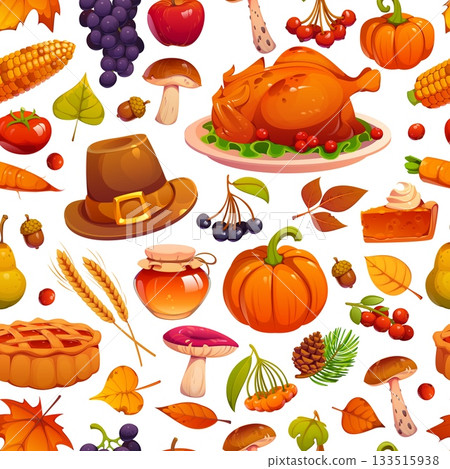 Thanksgiving seamless pattern. Cartoon vector tile background with food harvest, turkey, pumpkin and corn, pie, mushroom or fruits. Berries, vegetables, autumn leaves festive seasonal holiday layout 133515938