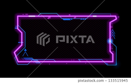 Violet neon game frame asset, hud interface overlay. Electronic UI menu vector frame, neon glow HUD design border. Digital interface overlay poster or futuristic led light user interface banner Violet neon game frame asset, hud interface overlay. Electronic UI menu vector frame, neon glow HUD design border. Digital interface overlay poster or futuristic led light user interface banner 133515945
