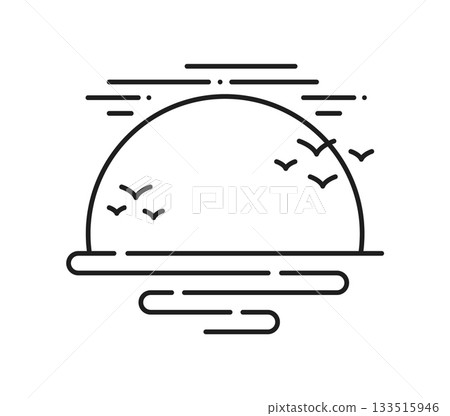 Ocean or sea sunset landscape line icon or sign. Nature environment element, lineart vector symbol, travel landscape icon. Outdoor marine scene pictogram with setting sun, sea horizon, birds in sky 133515946