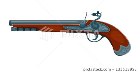 Corsair pirate sailor cartoon flintlock pistol weapon. Pirate sailor antique isolated vector firearm, filibuster bandit cartoon flintlock pistol. Corsair captain medieval gunpowder handgun weapon 133515953