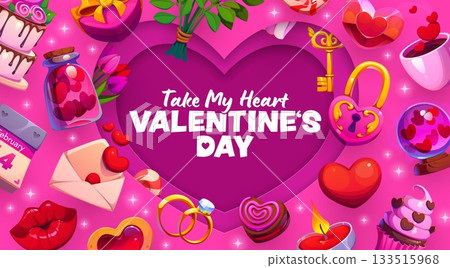 Paper cut Valentines Day greeting banner with vector 3d heart frame and cartoon romantic love holiday gifts. Paper cut Valentines love card of red hearts, gift box, rose flowers and chocolate sweets Paper cut Valentines Day greeting banner with vector 3d heart frame and cartoon romantic love holiday gifts. Paper cut Valentines love card of red hearts, gift box, rose flowers and chocolate sweets 133515968