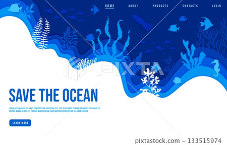 Save the ocean paper cut landing page with sea animals silhouettes at underwater landscape background. Vector 3d paper cut blue wave border with fish and squid, corals and seaweed, Save ocean web page 133515974