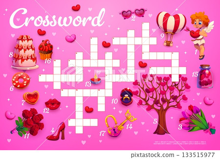 Valentines day crossword quiz game with romantic objects. Love holiday vector game, romance day quiz worksheet. Romantic celebration riddle with cupid, sweets, flowers and hearts, engagement ring Valentines day crossword quiz game with romantic objects. Love holiday vector game, romance day quiz worksheet. Romantic celebration riddle with cupid, sweets, flowers and hearts, engagement ring 133515977