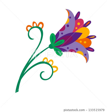 Mexican folk traditional colorful flower element with purple bud and curly leaves. Mexican folk nature element, Latin American ethnic floral isolated vector decoration. Hispanic flower object 133515979
