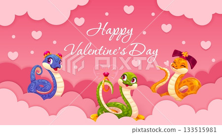 Happy Valentines day paper cut banner with cheerful snakes on pink clouds. Love holiday vector banner, St Valentine papercut greeting card with snake girly characters and handwritten typography Happy Valentines day paper cut banner with cheerful snakes on pink clouds. Love holiday vector banner, St Valentine papercut greeting card with snake girly characters and handwritten typography 133515981