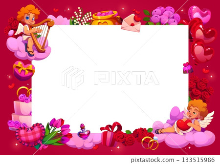 Valentines day greeting card or banner frame. Saint Valentine holiday vector greeting card, romance party banner. Love day poster frame with cupids on cloud, balloons, flowers and gifts, wedding cake Valentines day greeting card or banner frame. Saint Valentine holiday vector greeting card, romance party banner. Love day poster frame with cupids on cloud, balloons, flowers and gifts, wedding cake 133515986