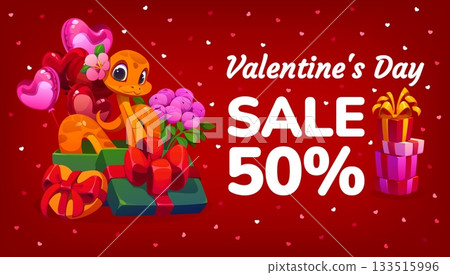 Cute cartoon snake with gifts on Valentines day sale banner. Winter season sale vector card, St Valentine celebration discount flyer with cute snake character, gift boxes, peonies and balloons Cute cartoon snake with gifts on Valentines day sale banner. Winter season sale vector card, St Valentine celebration discount flyer with cute snake character, gift boxes, peonies and balloons 133515996