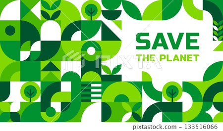Save the planet poster with ecology geometric Bauhaus pattern. Nature protection abstract shapes vector flyer, ecology saving Bauhaus artwork poster. Environment pollution or Earth day holiday banner 133516066