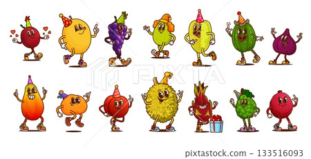 Groovy fruit characters in playful poses, party hats, expressive faces and fun outfits Cartoon vector set of fruits celebrating, joyfully dancing and rejoice, promoting festive and healthy living 133516093