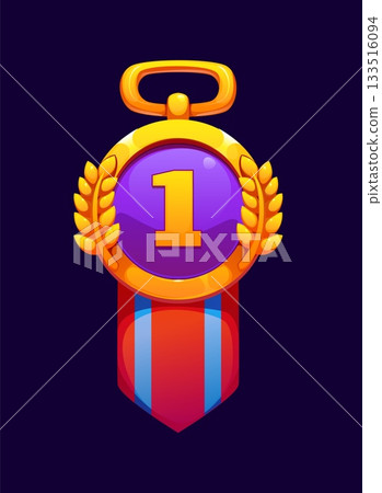 Game medal award icon, victory and achievement trophy with number one, golden laurel wreath and red blue ribbon. Cartoon vector gold rank badge, game asset, representing success or competition victory Game medal award icon, victory and achievement trophy with number one, golden laurel wreath and red blue ribbon. Cartoon vector gold rank badge, game asset, representing success or competition victory 133516094