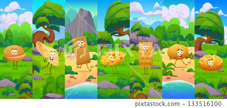 Cartoon bakery bread characters collage. Vector burger bun, chip, cracker and cookie, snacks with happy faces stand in a bright nature scene, creating a playful and friendly food themed adventure 133516100
