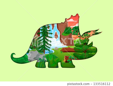 Paper cut dinosaur silhouette with prehistoric landscape pine trees, rocky cliffs and waterfall cascade surrounded by red mountains. Lush Jurassic forest scenery, tropical ferns, rocks within reptile 133516112