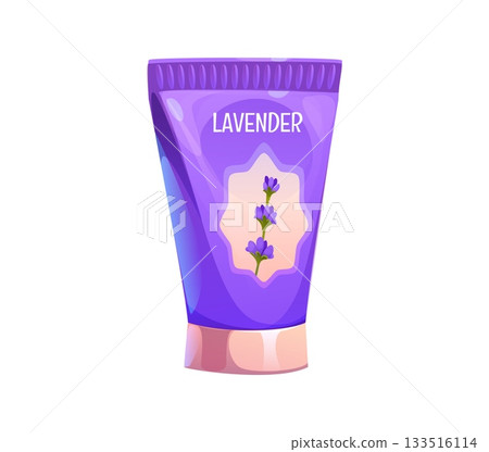 Herbal skincare lavender lotion in elegant purple packaging, violet tube with embossed rim and lavender sprig. Cartoon vector lavender cosmetic tube, aromatherapy, skincare, or natural beauty product 133516114