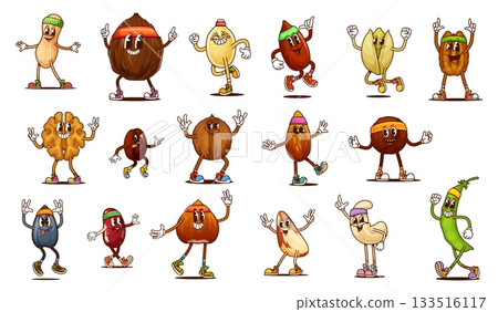 Cartoon groovy nuts and seeds characters. Vector macadamia, peanut, walnut and pistachio. Brazil nut, coffee bean, coconut, sunflower or pumpkin seed. Almond, cashew, pine cone and cocoa bean pod 133516117