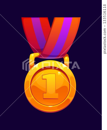 Game round golden medal award icon. Victory and achievement trophy marked with number one, supported by a thick ribbon in warm red and magenta colors. Vector golden medal for school and competition 133516118