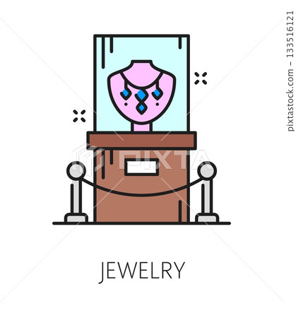 Museum art gallery and exhibition color line icon of jewelry display, vector pictogram. Museum exhibit showcase icon of antique archeology or history and culture for ancient jewelry gems exhibition Museum art gallery and exhibition color line icon of jewelry display, vector pictogram. Museum exhibit showcase icon of antique archeology or history and culture for ancient jewelry gems exhibition 133516121