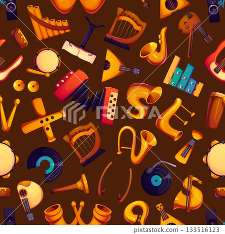 Cartoon musical font, music instruments typeface letters seamless pattern. Vector tile background with saxophone, guitar, drum and violin. Harp, trumpet, accordion xylophone and flute or vinyl record Cartoon musical font, music instruments typeface letters seamless pattern. Vector tile background with saxophone, guitar, drum and violin. Harp, trumpet, accordion xylophone and flute or vinyl record 133516123