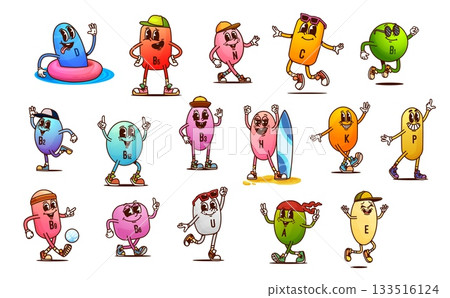 Groovy vitamin and micronutrient characters. Cute cartoon vector capsules labeled with unique poses, expressions, and sporty outfits. Fun and educational health care y2k hippie medicine personages 133516124