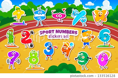 Cartoon math numbers and digits characters stickers pack. Cute vector educational digit personages engaged in sports activities like yoga, weightlifting, boxing, volleyball, and basketball games Cartoon math numbers and digits characters stickers pack. Cute vector educational digit personages engaged in sports activities like yoga, weightlifting, boxing, volleyball, and basketball games 133516128