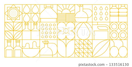 Olive rapeseed and sunflower oil modern geometric pattern. Vector line art icons of bottles, droplets, leaves, seeds, flowers and farming items in a grid layout with a minimal yellow outline on white 133516130
