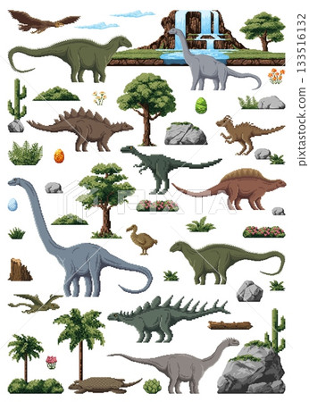 8bit pixel prehistoric dinosaurs, mountains and waterfall cascade, stones and plants. 8 bit arcade game and jungle vegetation vector set. Retro dino species and eggs, palm trees, rocks and bushesV 133516132