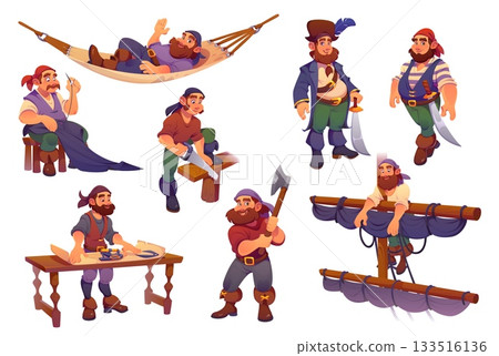 Pirate ship crew cartoon corsair characters. Happy pirate men vector personages with captain pirate hat and sailor bandana costumes. Skipper, sail master, boatswain and carpenter corsair characters Pirate ship crew cartoon corsair characters. Happy pirate men vector personages with captain pirate hat and sailor bandana costumes. Skipper, sail master, boatswain and carpenter corsair characters 133516136