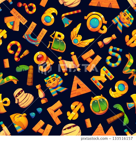 Egyptian font, ancient pharaoh letters pattern. Vector seamless tile background or wallpaper with cartoon letters, numbers and symbols with pharaohs, pyramids, scarabs, mummies and hieroglyphic motifs Egyptian font, ancient pharaoh letters pattern. Vector seamless tile background or wallpaper with cartoon letters, numbers and symbols with pharaohs, pyramids, scarabs, mummies and hieroglyphic motifs 133516157