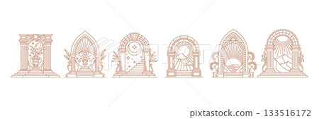 Boho arch gate icons of heaven castle door or mystic magic Bohemian doorway, vector line art. Boho arch or medieval castle door arc icons with magical celestial stars and sun for Bohemian tattoo 133516172