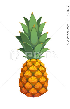 Cartoon raw ripe pineapple fruit with bold textures and green crown. Isolated vector tropical plant, summer food, organic healthy product with succulent juicy flesh. Natural dessert and exotic produce 133516176