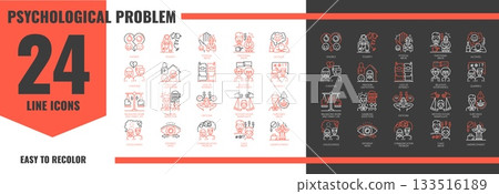 Family psychological problem icons. Vector set of linear signs showing abuse, addiction, unemployment, and relationship issues. Symbols for mental health, counseling, and therapy visual infographics 133516189