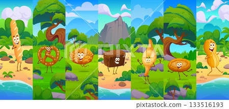 Cartoon bread and bakery characters collage. Cute pastry snack personages on summer nature. Baguette, pretzel and cookie pastries with smiling faces happily dancing at forest and mountain landscapes Cartoon bread and bakery characters collage. Cute pastry snack personages on summer nature. Baguette, pretzel and cookie pastries with smiling faces happily dancing at forest and mountain landscapes 133516193